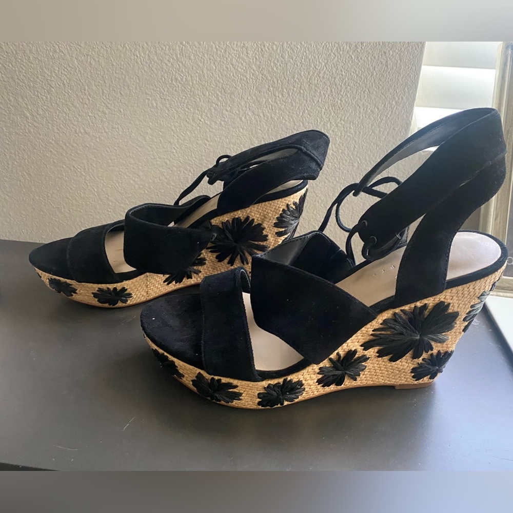 BRAND NEW Lord & Taylor Black Suede Espadrille Wedge Sandals Size 7